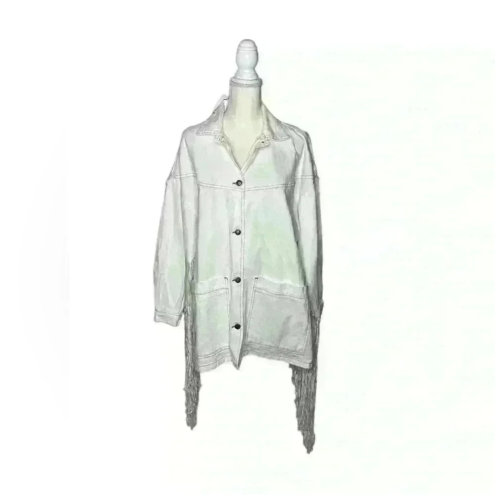 NWT Nasty Gal White Denim Oversized Fringe Jacket Size US 6
